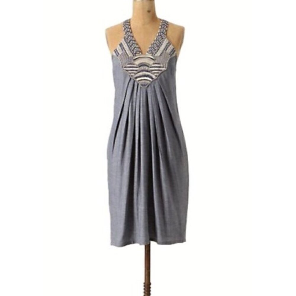 Ranna Gill Anthropologie Wiltern Midi Dress Sz S Blue Chambray Linen Embroidered